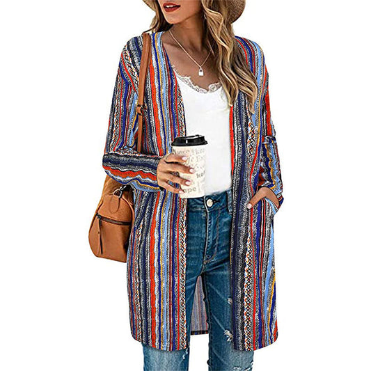 European And American Women's Jackets Striped Print Women's Cardigan Top LadyShow.Store