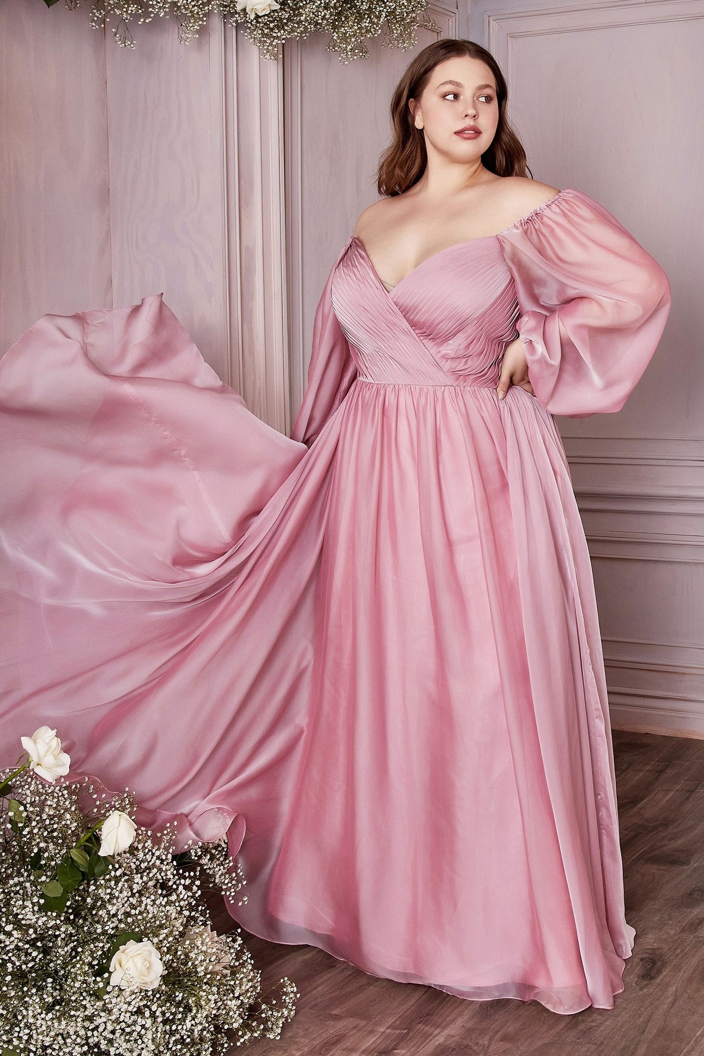 Long Sleeve A-Line Chiffon Dress Tux-USA