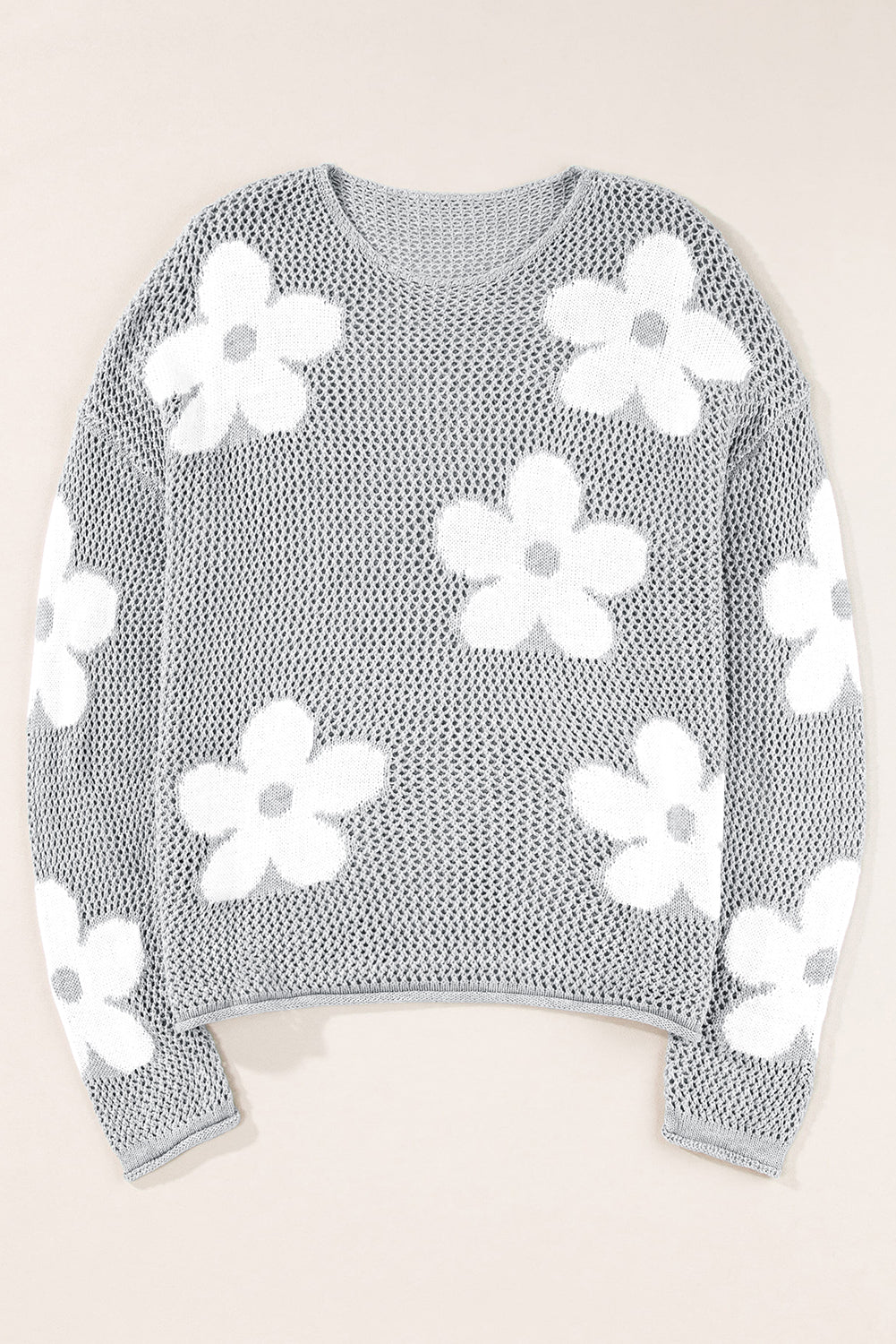 Dulce Big Flower Hollowed Knit Drop Shoulder Sweater Threaded Pear