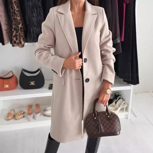 Lapel Single-breasted Wool Coat Winter Long Sleeve Solid Color Long Jacket Women Clothing Accent Plus