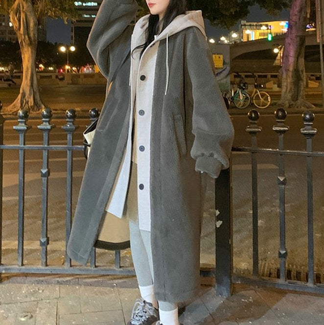 Long Hooded Dress Coat Lambswool All-match Loose Fashionable Jacket Accent Plus