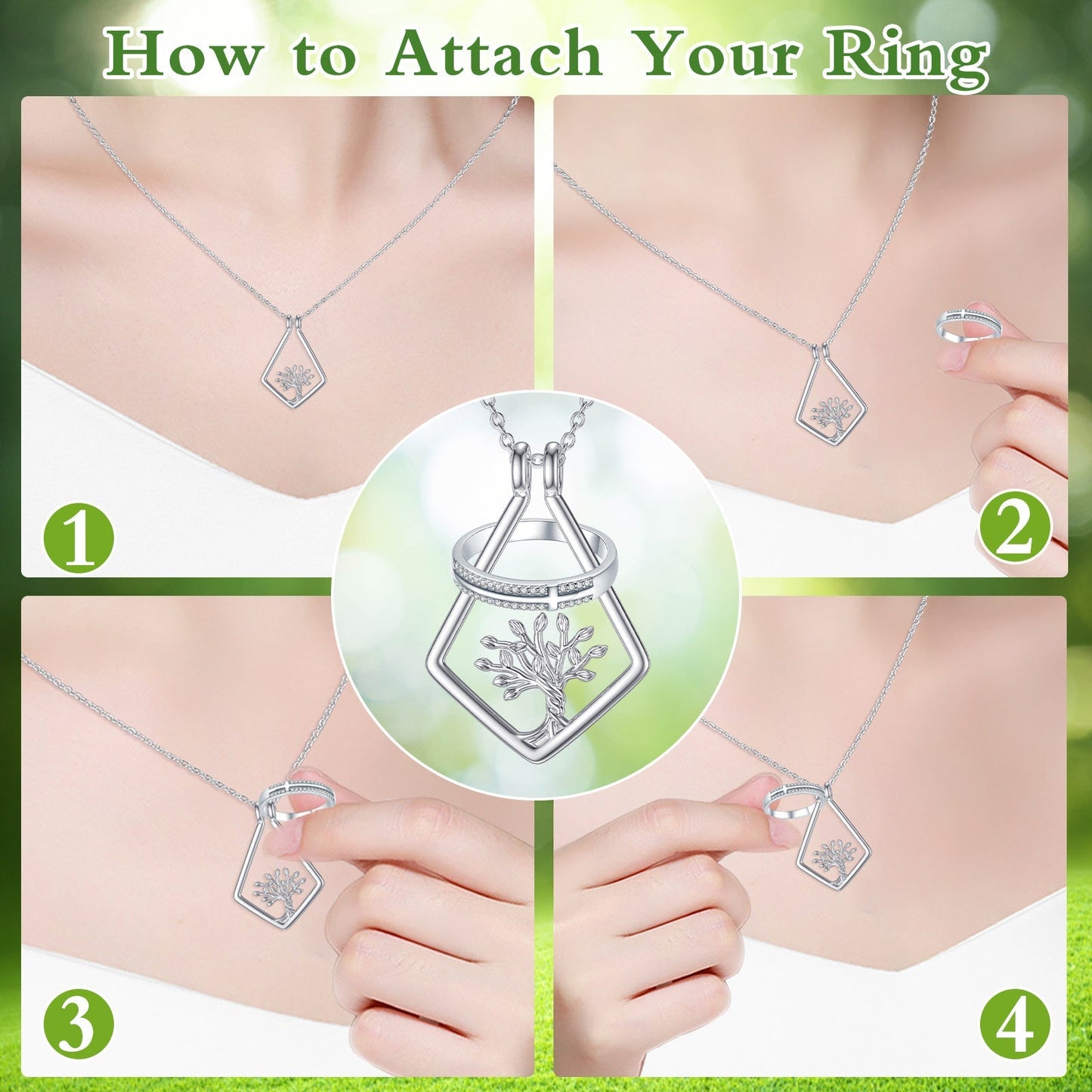 Tree of Life Ring Holder Pendant Necklace in 925 Sterling Silver LadyShow.Store