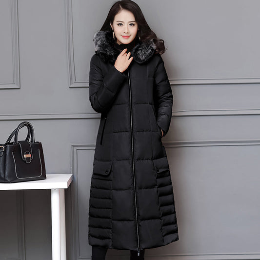 Hooded Padded Jacket with Fur Collar and Color Block Pi-Mart