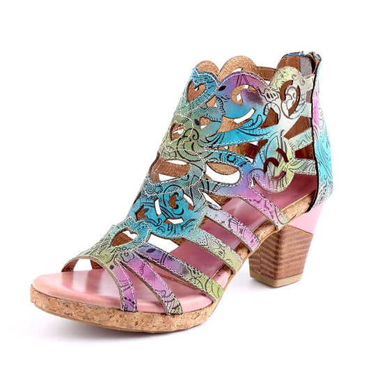 Retro Handmade Gradient Zipper Sandals with Thick Heel Best YouTube Store