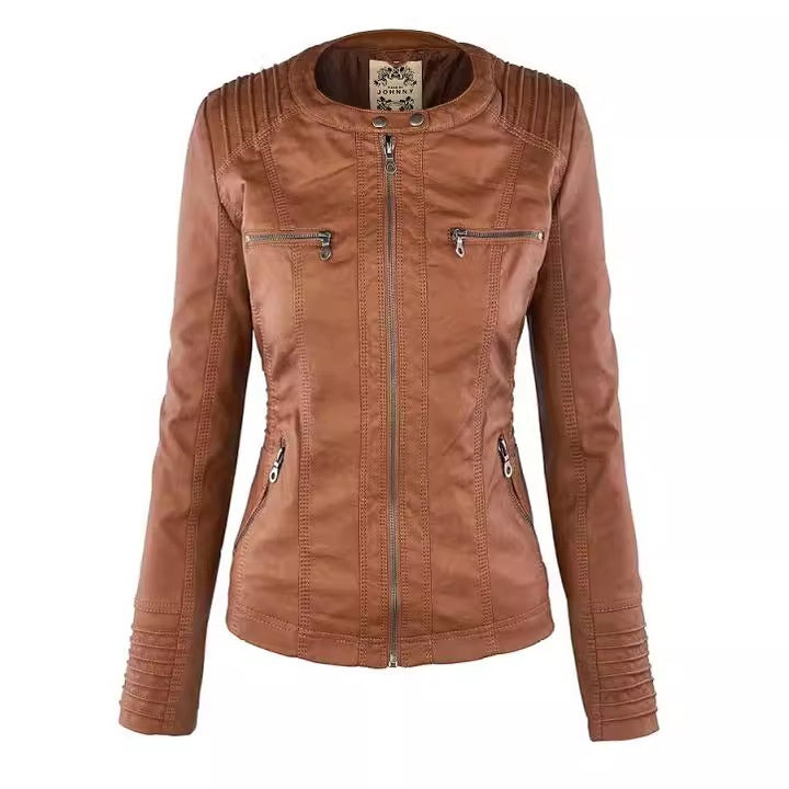 Women's Detachable Lapel Long Sleeve Solid Color Zipper Leather Jacket Coat LadyShow.Store