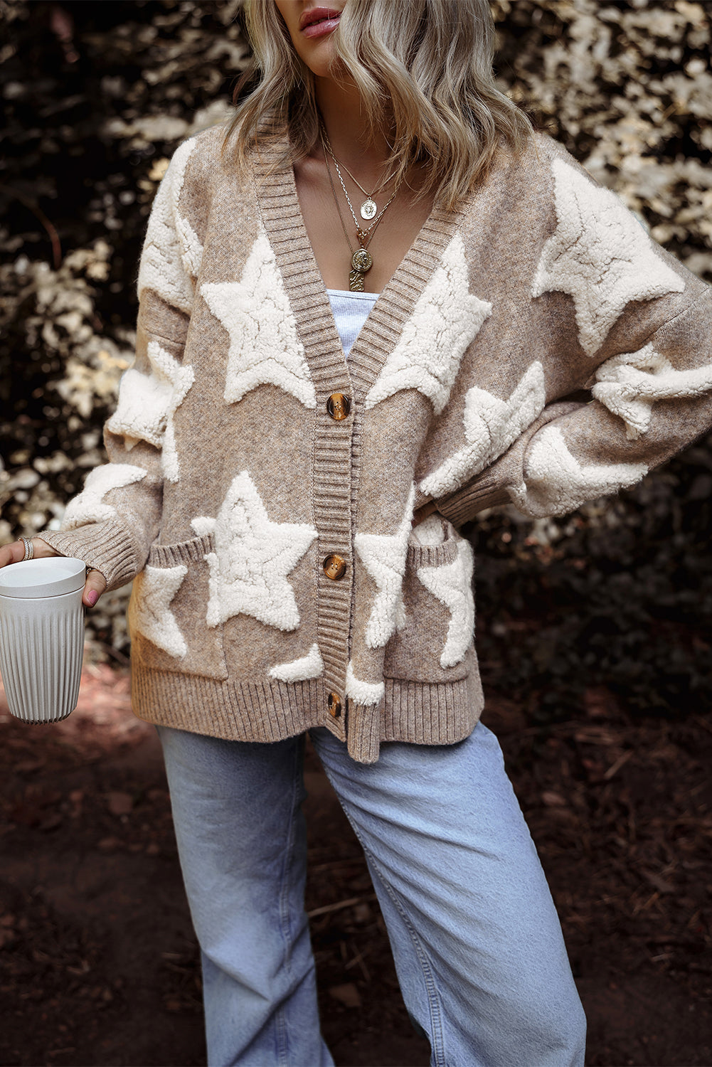 Clare Sherpa Star Cardigan Threaded Pear