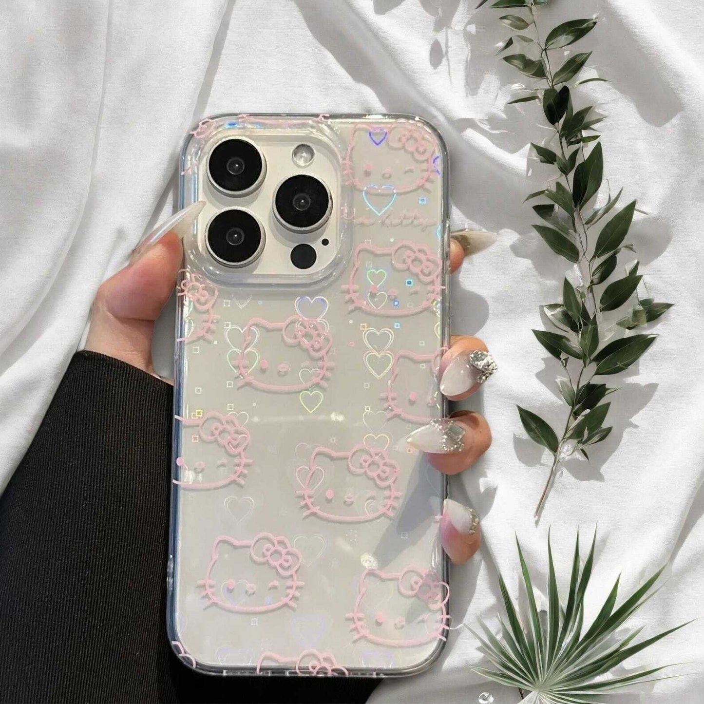 Cute Kawaii Cat Phone Case for iPhone 15 14 13 12 11 Pro Max Plus Pink Laser Protective Cover with Cute Design W2B