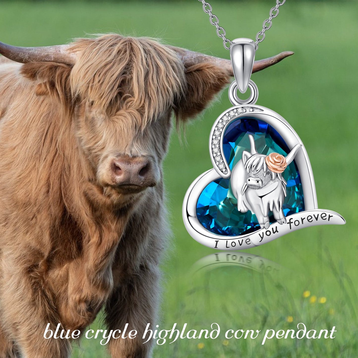 925 Sterling Silver Highland Cow Blue Crystal Heart Cow Pendant Necklace LadyShow.Store