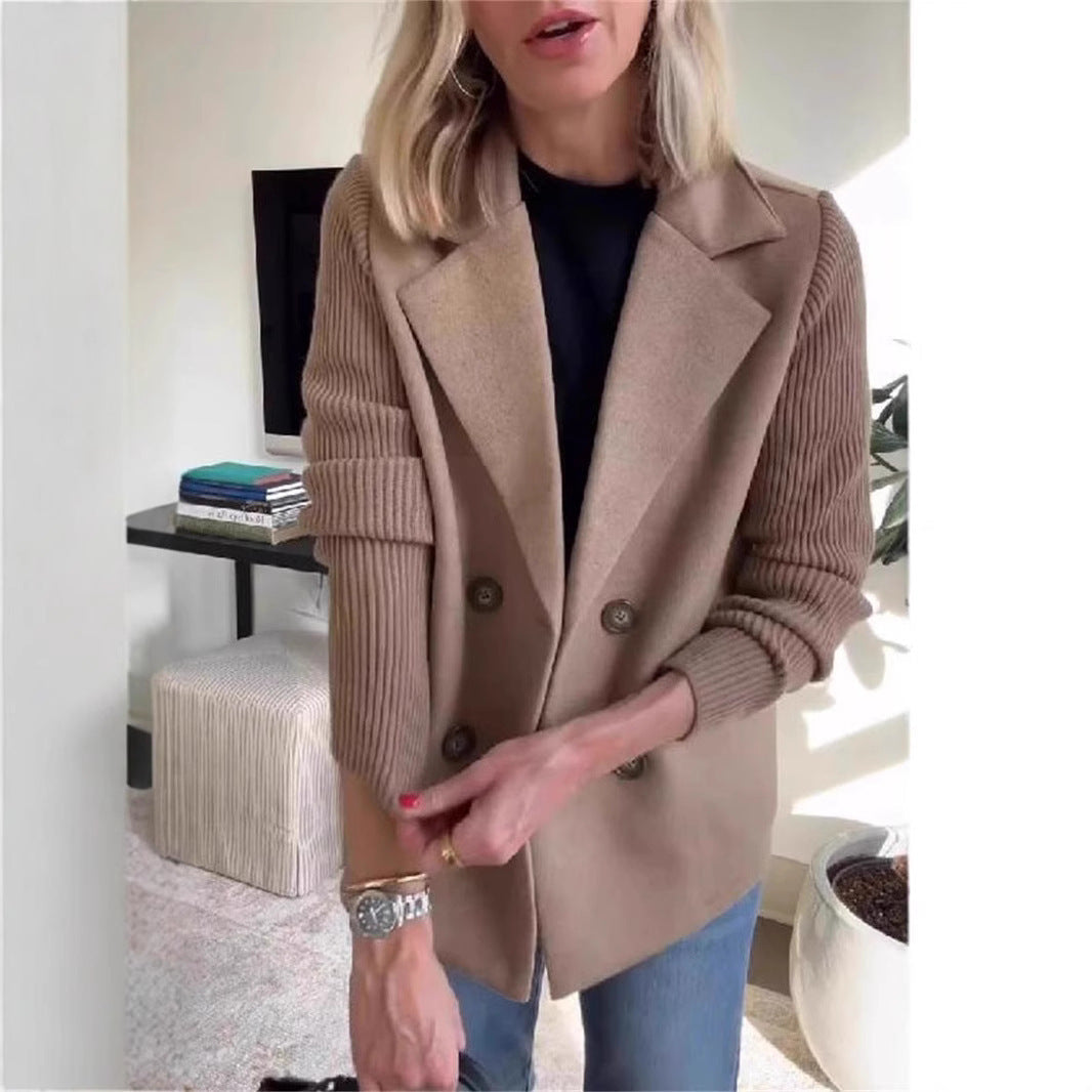 Double Breasted Lapel Jacket Fashion Knitted Sleeves Splicing Design Coat Outerwear Women's Clothing LadyShow.Store