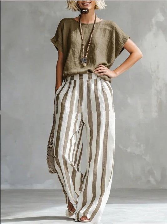 Short-sleeved Trousers Suit Summer Fashion Round Neck Pullover T-Shirt And Striped Print Straight Leg Pants Two-Piece Clothing For Women LadyShow.Store