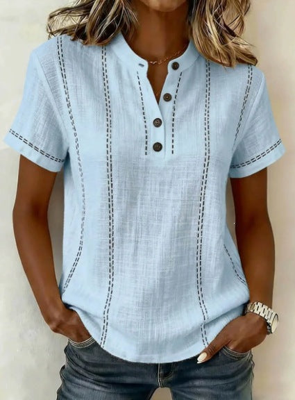 Summer Striped Short-Sleeve Shirts Casual Stand-Collar V-neck Button Blouse Womens Clothing LadyShow.Store