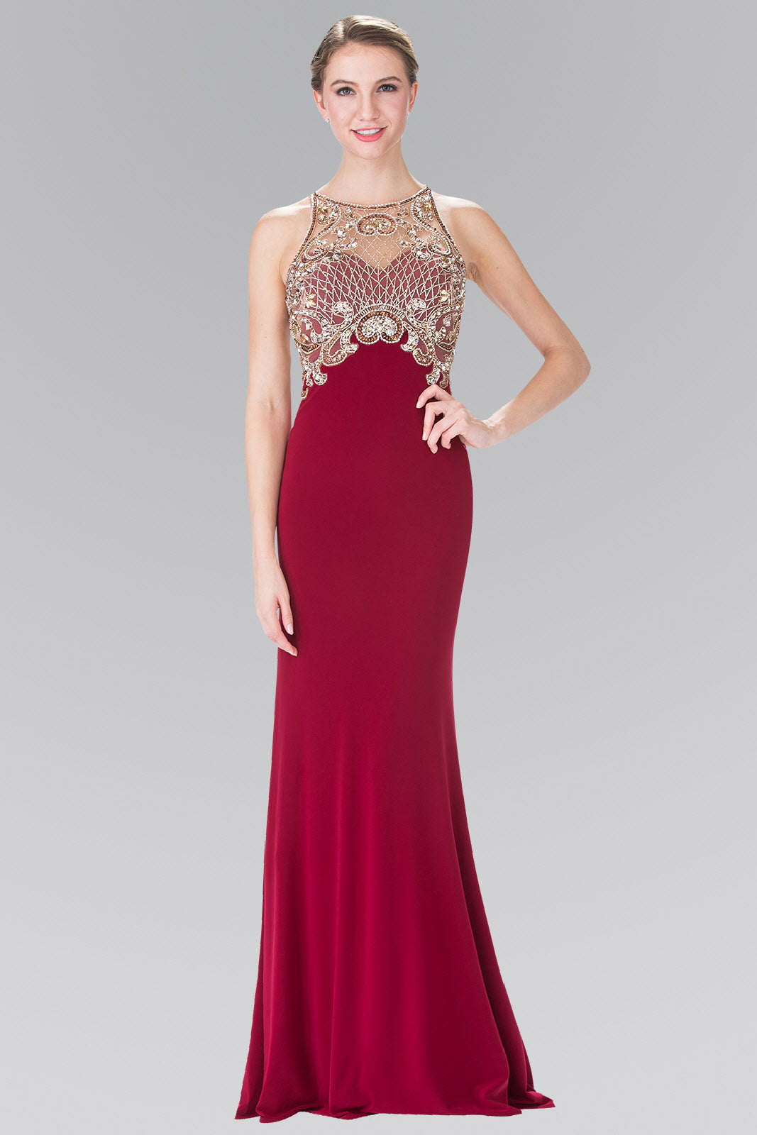 Floor Length Dress with Jewel Embellished Sheer Bodice and Back Tux-USA