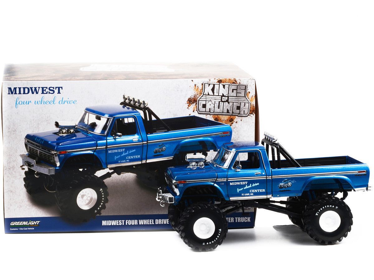 1974 Ford F-250 Ranger XLT Monster Truck with 48-Inch Tires Blue Metallic "Midwest Four Wheel Drive Center" "Kings of Crunch" Series 1/18 Diecast Model Car by Greenlight Greenlight