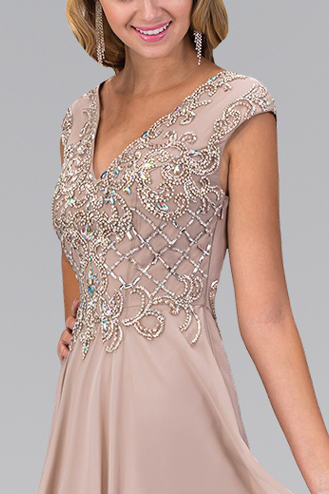 V-Neck Chiffon Floor Length Dress with Jewel Embellished Bodice Tux-USA