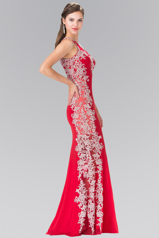 Embroidered Jersey Long Dress with Open Back Tux-USA