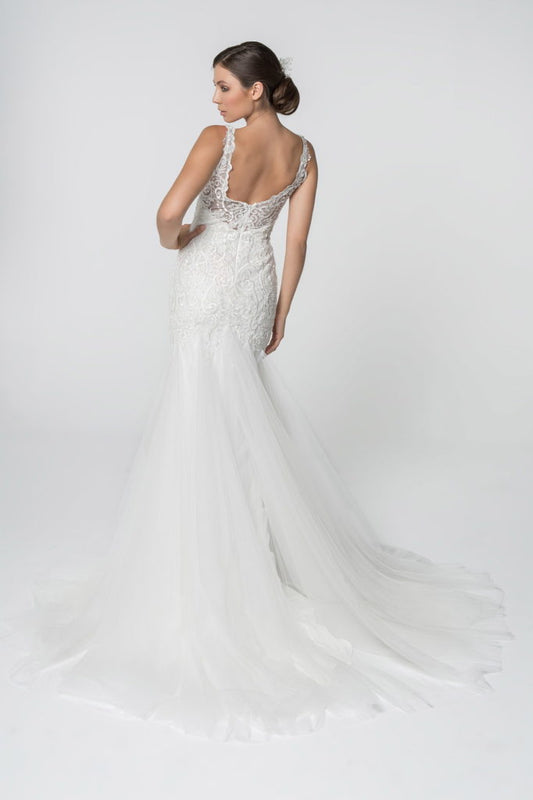 Embroidered Bodice V-Neck Mermaid Wedding Gown w/ Mesh Tail Tux-USA