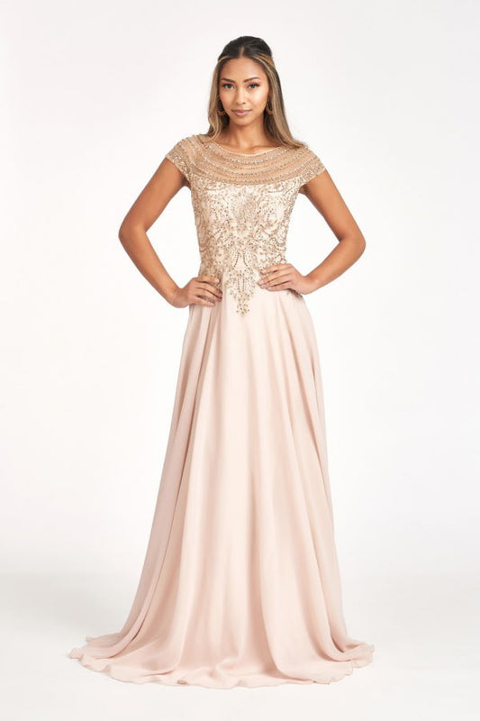 Beads Embellished Chiffon A-line Dress w/ Cap Sleeves Tux-USA