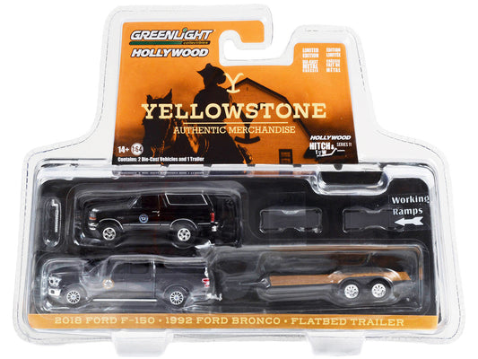 2018 Ford F-150 Pickup Truck Gray with 1992 Ford Bronco "Montana Livestock Association" Black and Flatbed Car Trailer "Yellowstone" (2018-Current) TV Series "Hollywood Hitch & Tow" Series 11 1/64 Diecast Model Cars by Greenlight Greenlight
