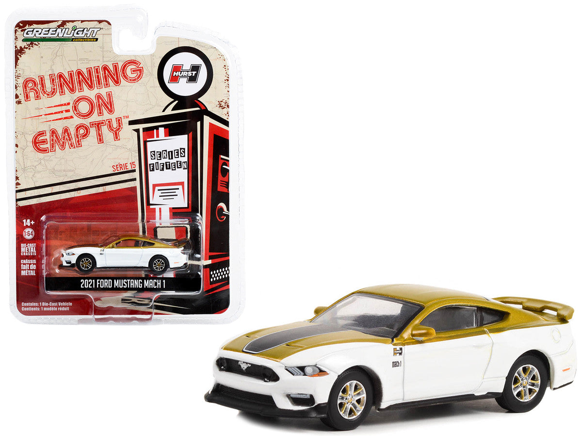 2021 Ford Mustang Mach 1 White and Gold with Black Stripe "Hurst Performance" "Running on Empty" Series 15 1/64 Diecast Model Car by Greenlight Greenlight