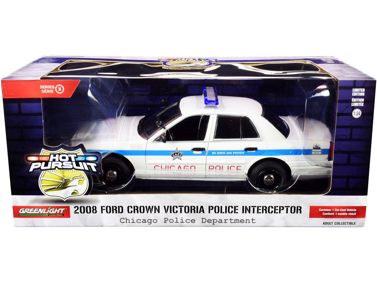 2008 Ford Crown Victoria Police Interceptor "CAPS" White with Blue Stripes "Chicago Police Department" "Hot Pursuit" Series 1/24 Diecast Model Car by Greenlight Greenlight