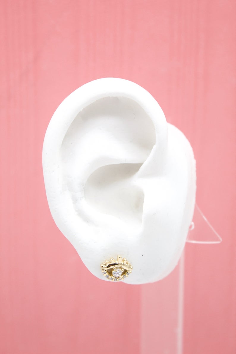 18K Gold Filled Evil Eye Stud Earrings With Clear CZ Stones (L76) MIA Jewelry