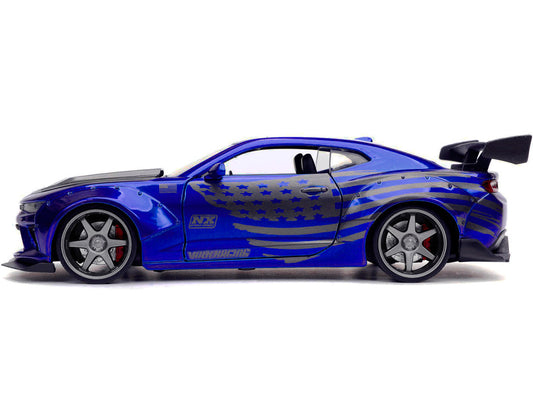 2016 Chevrolet Camaro Widebody Candy Blue with Gray Metallic Hood and American Flag Graphics "Bigtime Muscle" Series 1/24 Diecast Model Car by Jada Jada