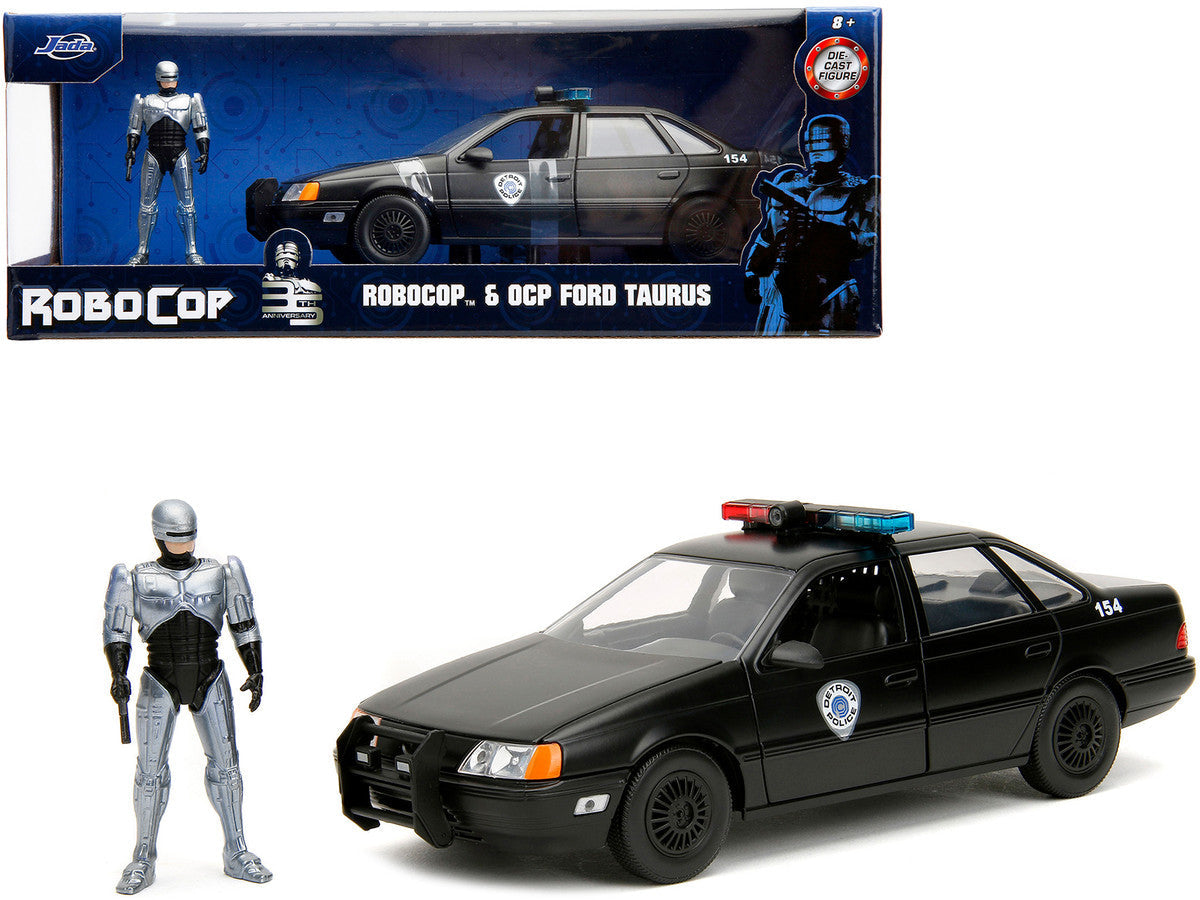 Ford Taurus OCP Matt Black "Detroit Police" and Robocop Diecast Figure 35th Anniversary "Robocop" (1987) Movie "Hollywood Rides" Series 1/24 Diecast Model Car by Jada Jada