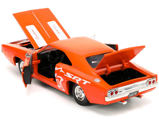 1968 Dodge Charger R/T SRT Orange with White Stripes and Graphics "Bigtime Muscle" Series 1/24 Diecast Model Car by Jada Jada