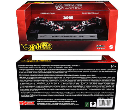 "MoneyGram Haas F1 Team" Formula One F1 World Championship (2025) 2 Piece Set Diecast Model Cars by Hot Wheels Hotwheels