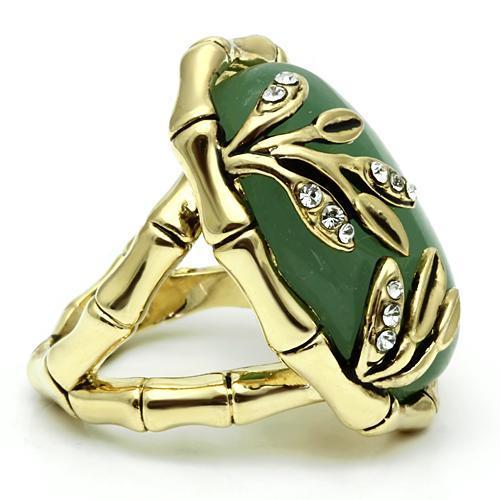 LO2609 - Gold Brass Ring with Semi-Precious Jade in Emerald Alamode
