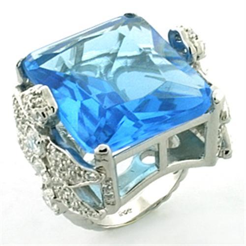 LOA646 - Rhodium 925 Sterling Silver Ring with Synthetic Synthetic Glass in Sea Blue Alamode