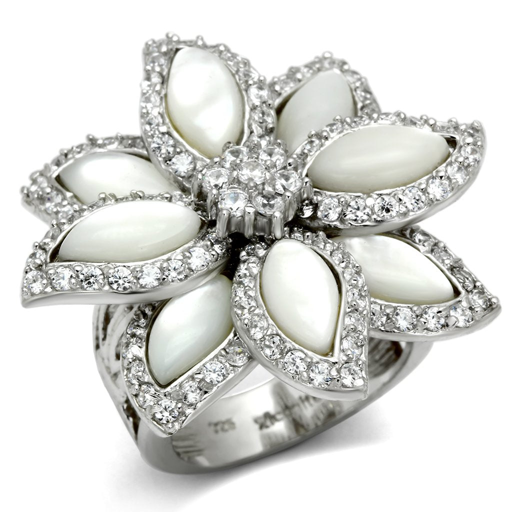 LOS556 - Rhodium 925 Sterling Silver Ring with Precious Stone Conch in White Alamode