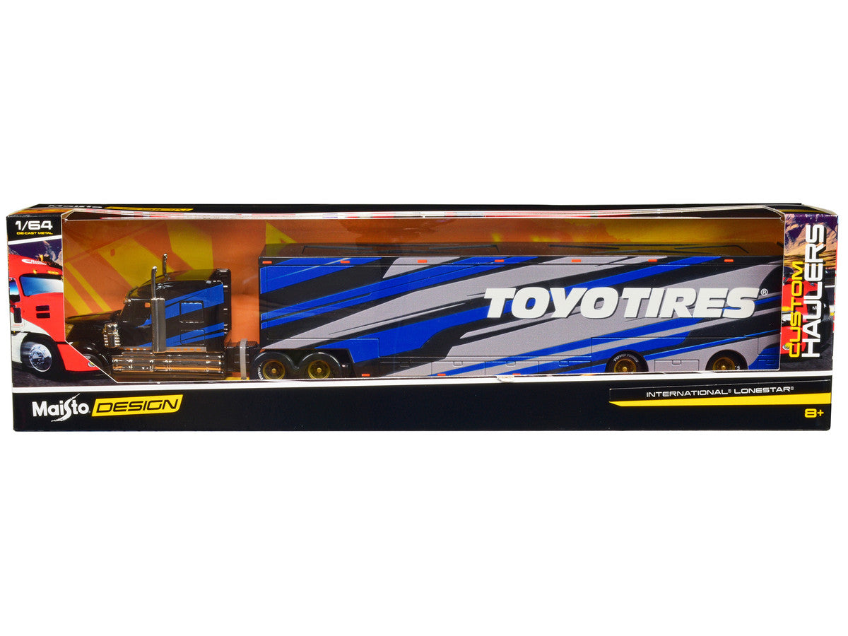International LoneStar Enclosed Car Transporter "Toyo Tires" Black with Blue and Gray Stripes "Custom Haulers" Series 1/64 Diecast Model by Maisto Maisto