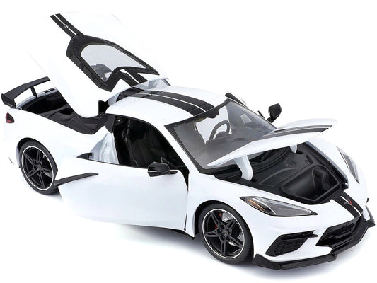 2020 Chevrolet Corvette Stingray C8 Coupe with High Wing White with Black Stripes 1/18 Diecast Model Car by Maisto Maisto