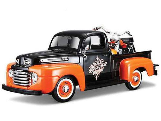 1948 Ford F-1 Pickup Truck with 1958 Harley Davidson FLH Duo Glide Motorcycle Orange and Black 1/24 Diecast Models by Maisto Maisto