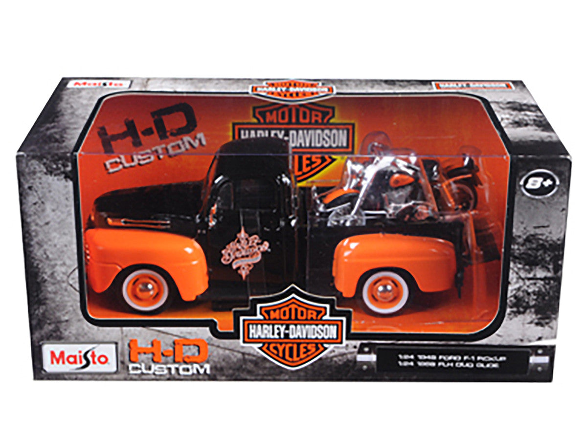 1948 Ford F-1 Pickup Truck with 1958 Harley Davidson FLH Duo Glide Motorcycle Orange and Black 1/24 Diecast Models by Maisto Maisto