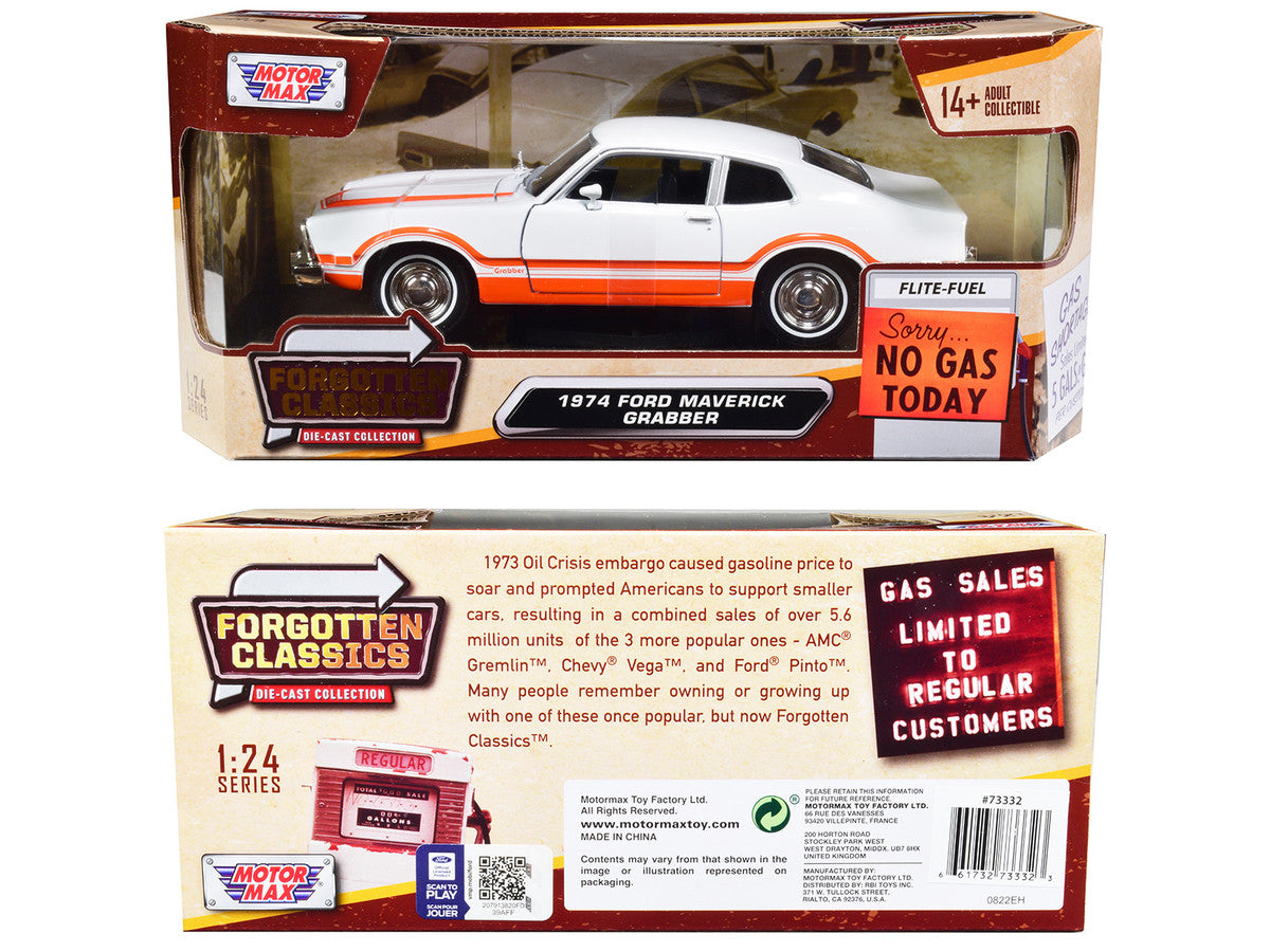 1974 Ford Maverick Grabber White with Orange Stripes "Forgotten Classics" Series 1/24 Diecast Model Car by Motormax Motormax