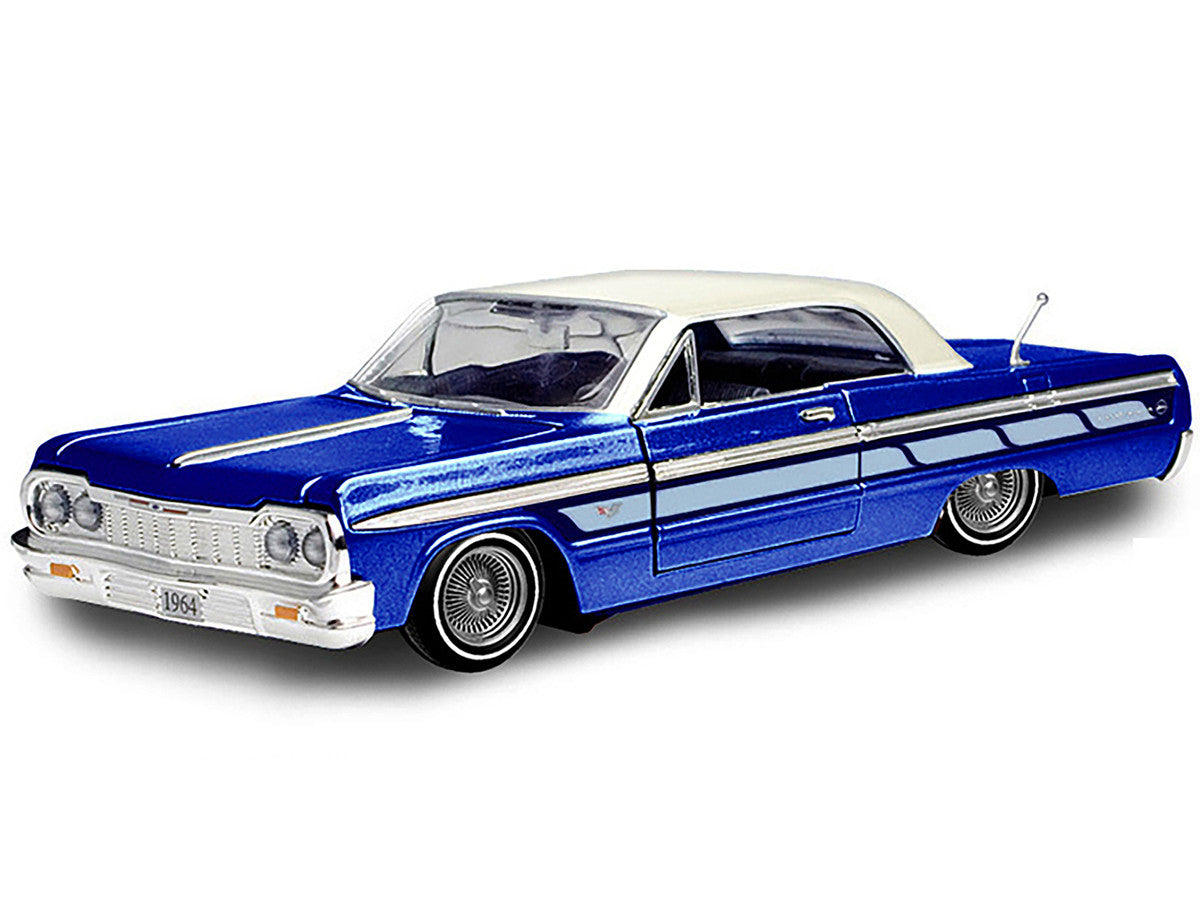 1964 Chevrolet Impala Lowrider Hard Top Candy Blue Metallic with Cream Top "Get Low" Series 1/24 Diecast Model Car by Motormax Motormax