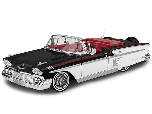 1958 Chevrolet Impala Convertible Lowrider Black and White with Red Interior "Get Low" Series 1/24 Diecast Model Car by Motormax Motormax