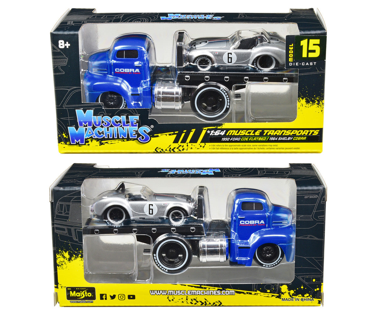 1950 Ford COE Flatbed Truck Blue "Cobra Powered by Ford" and 1964 Shelby Cobra #6 Silver Metallic with Stripes "Muscle Transports" Series 1/64 Diecast Model Cars by Muscle Machines Muscle Machines