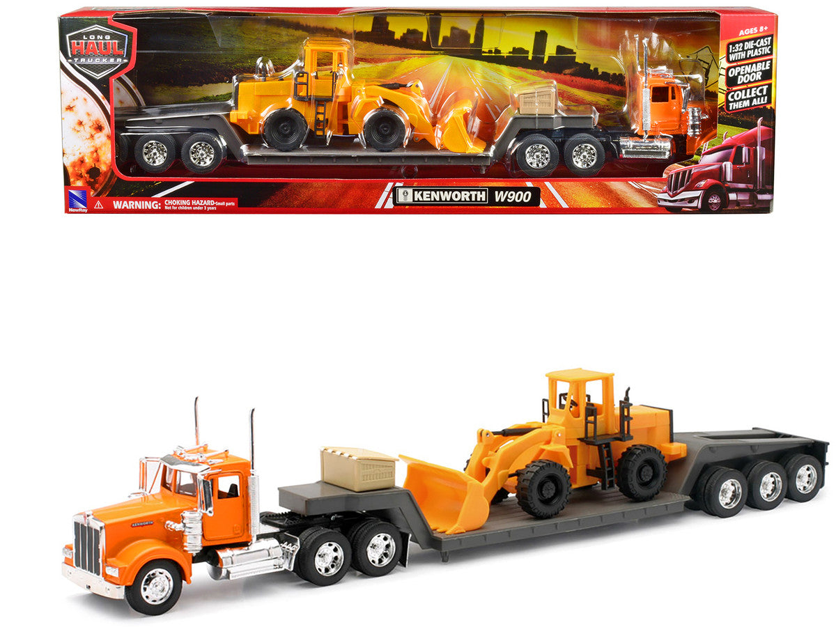Kenworth W900 Truck with Lowboy Trailer Orange and Wheel Loader Yellow "Long Haul Trucker" Series 1/32 Diecast Model by New Ray New Ray