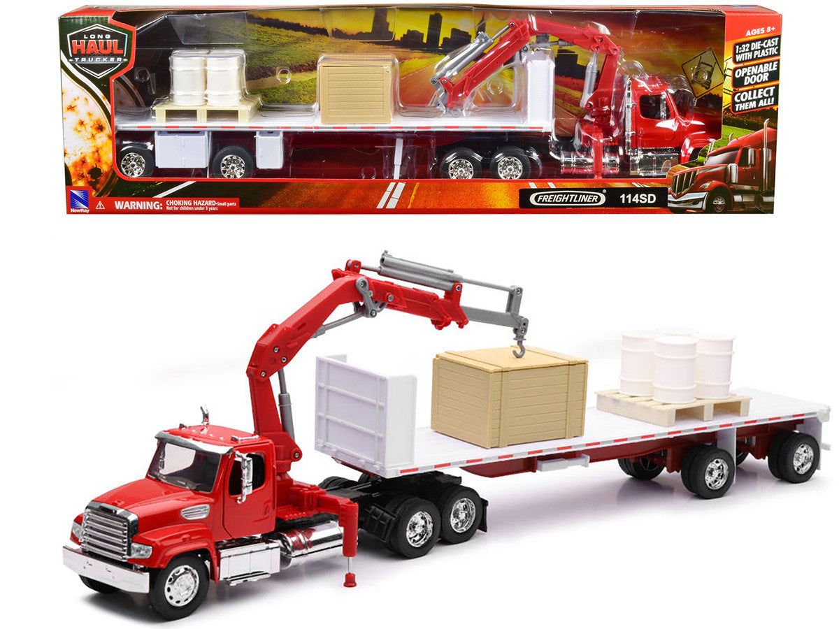 Freightliner 114SD Flatbed Truck with Crane Red with Accessories "Long Haul Trucker" Series 1/32 Diecast Model by New Ray New Ray