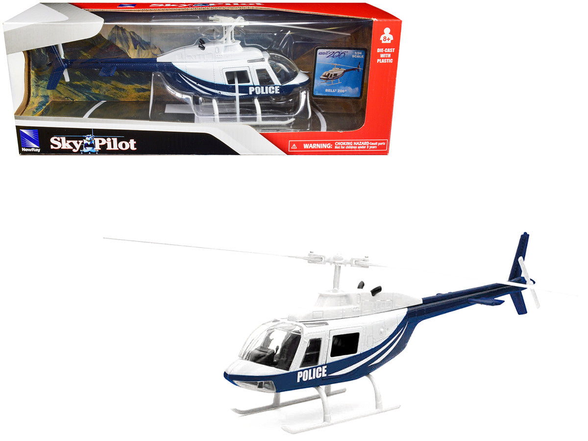 Bell 206 Helicopter Dark Blue and White "Police" "Sky Pilot" Series 1/34 Diecast Model by New Ray New Ray