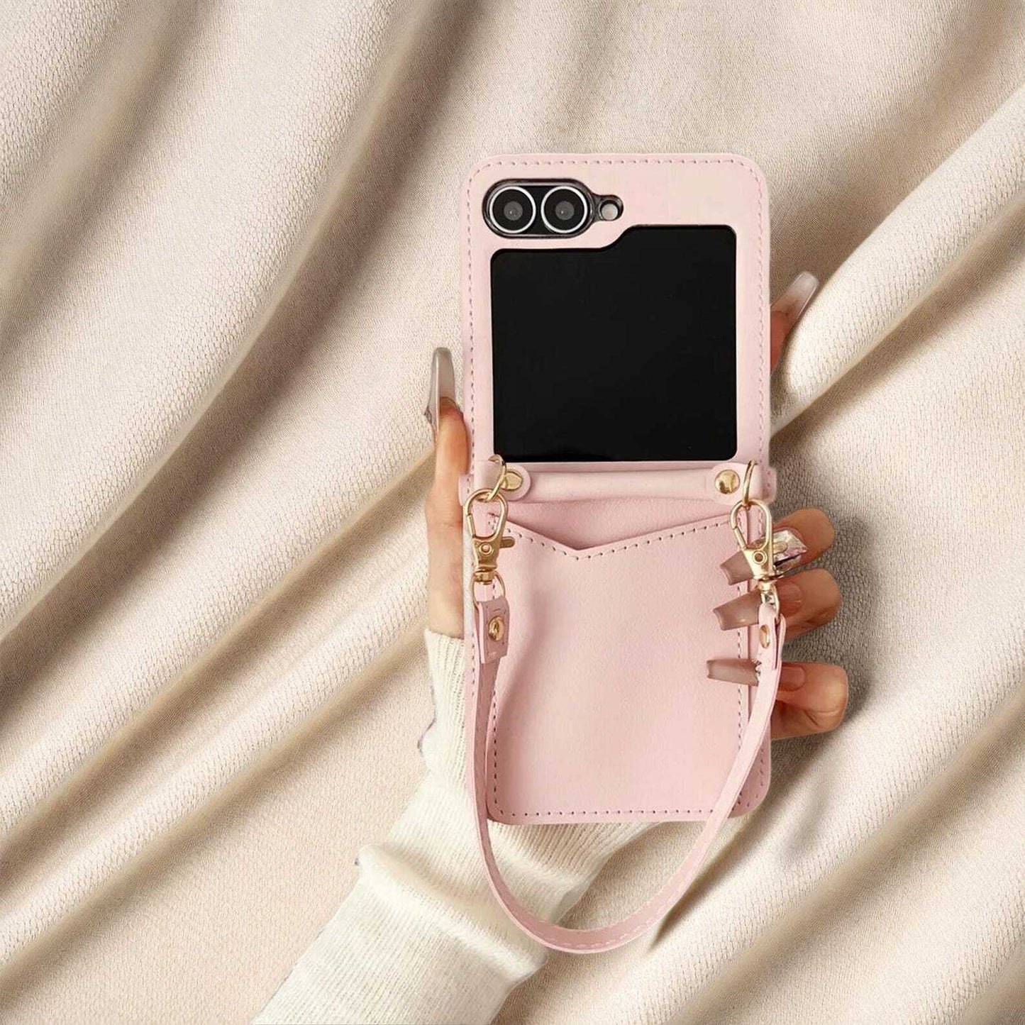 Luxury Leather Card Holder Case for Samsung Galaxy Z Flip 3 4 5 6 | Wrist Strap Folding Wallet Cover with Solid Color Design W2B