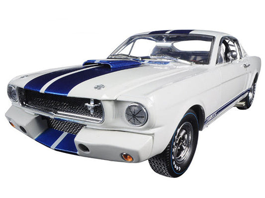 1965 Ford Mustang Shelby GT350R White with Blue Stripes and Printed Carroll Shelby's Signature on the Roof 1/18 Diecast Model Car by Shelby Collectibles Shelby Collectibles