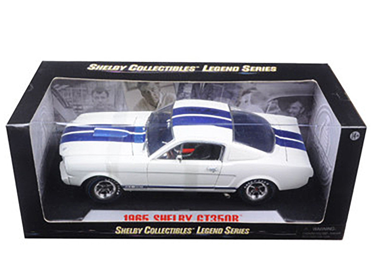 1965 Ford Mustang Shelby GT350R White with Blue Stripes and Printed Carroll Shelby's Signature on the Roof 1/18 Diecast Model Car by Shelby Collectibles Shelby Collectibles