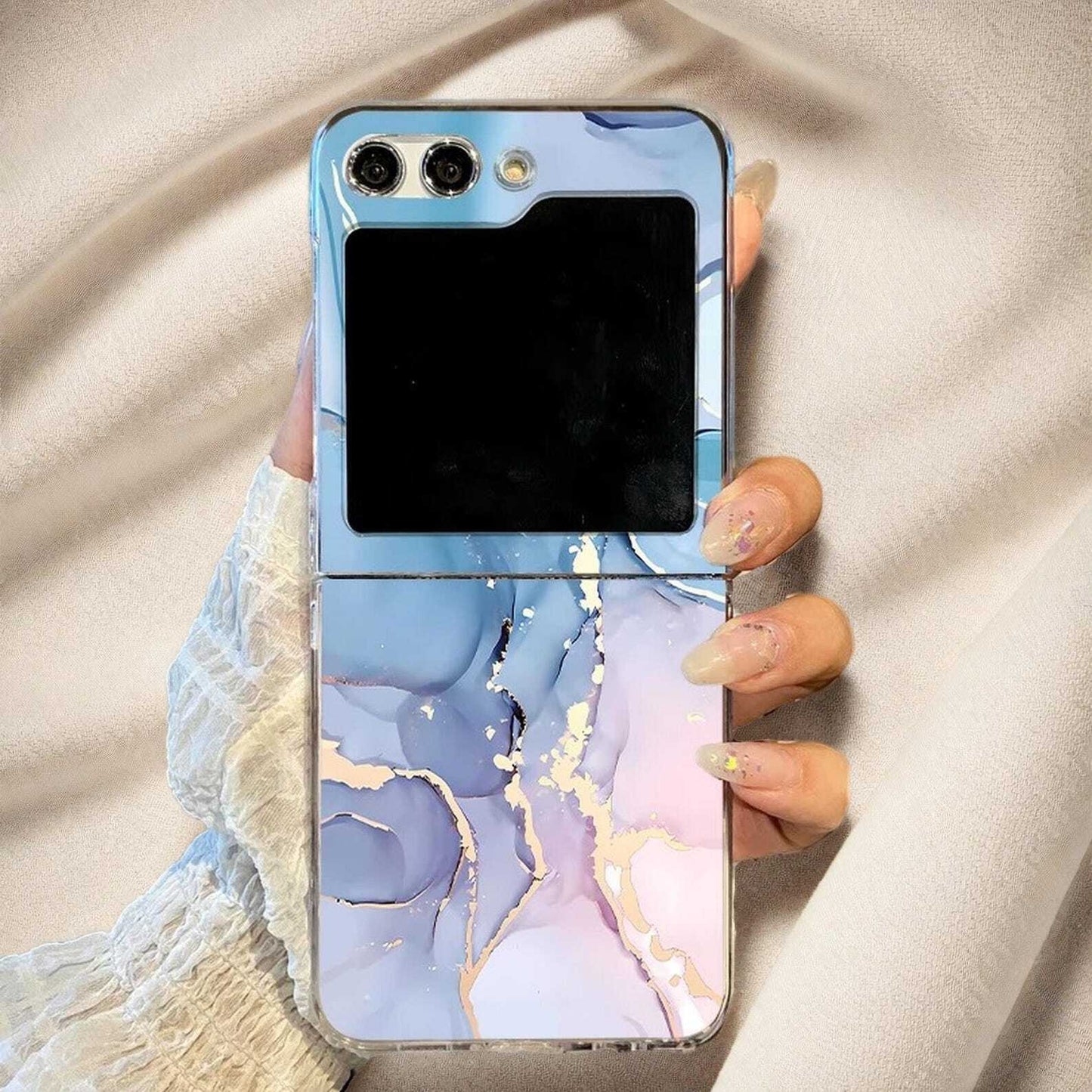 Marble Pattern Clear Hard Case for Samsung Galaxy Z Flip 3 4 5 6 | Foldable Transparent Cover Compatible with Wireless Charging W2B