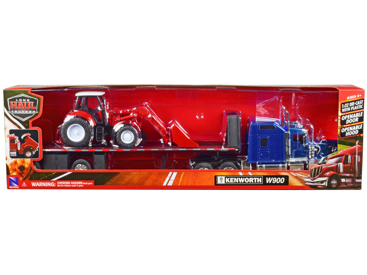 Kenworth W900 Truck with Flatbed Trailer Blue Metallic with Farm Tractor Red "Long Haul Truckers" Series 1/32 Diecast Model by New Ray New Ray