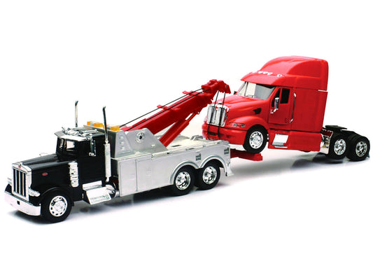 Peterbilt 379 Tow Truck Black with Peterbilt 387 Truck Tractor Red Set of 2 pieces 1/32 Diecast Model by New Ray New Ray