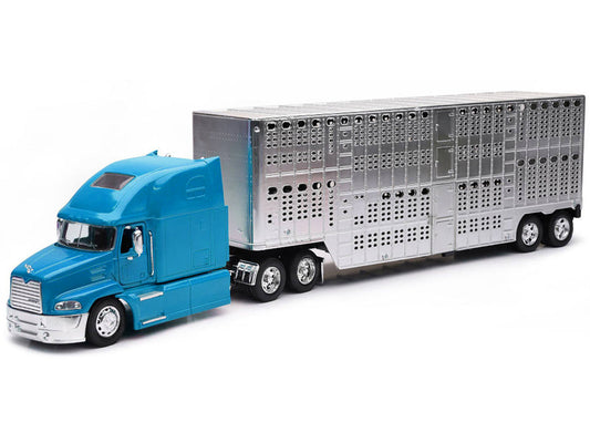 Mack Pinnacle Truck with Pot Belly Livestock Trailer Blue and Chrome "Long Haul Truckers" Series 1/32 Diecast Model by New Ray New Ray